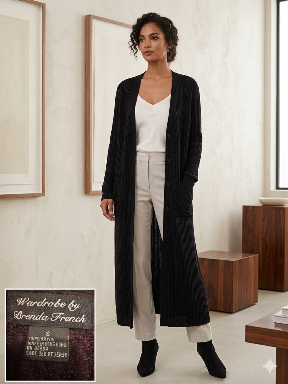 VTG Wardrobe by Brenda French Black Ribbed Long Cardigan Sweater Sz S